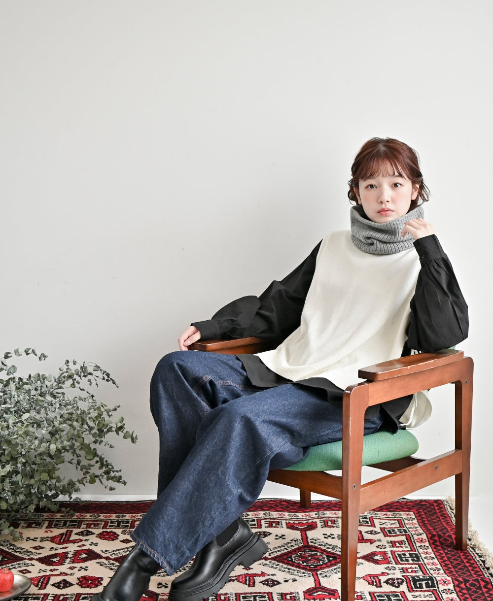 【裏地つき】しっかり厚手のリブ編みネック【フレンチメリノ】